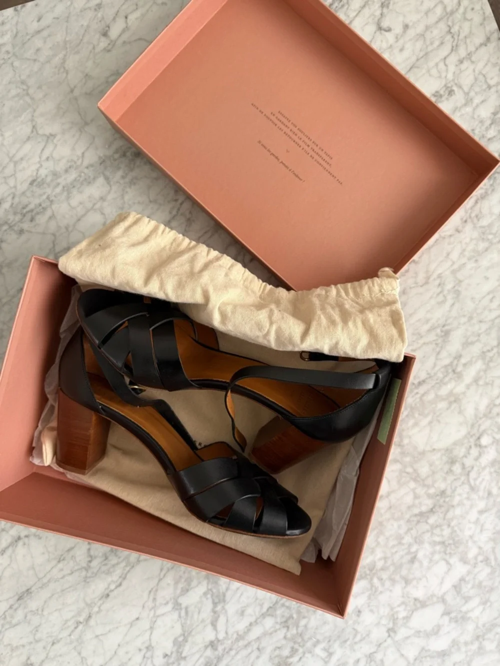 Sezane Black Leather Block Heel Sandals with Brown Wood Heel EU40